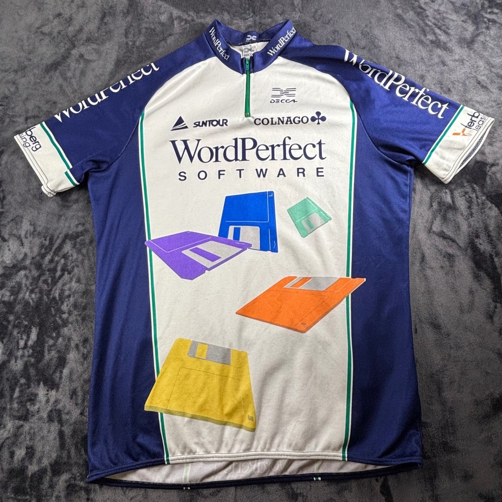 Decca Cycling Jersey Mens EXL Blue WordPerfect Software Floppy Disk Vintage 90s